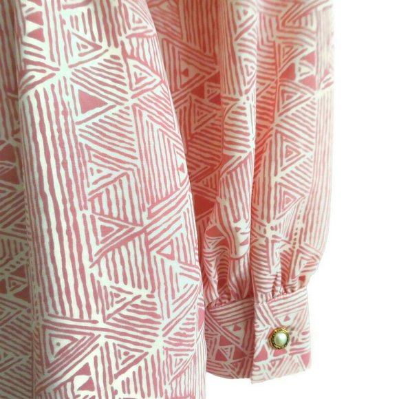 Vintage 70s 80s Dress Secretary Day Pockets Geometric Pink Pearlized Buttons L - Picture 11 of 15